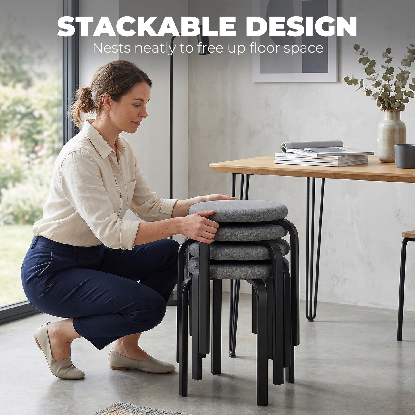 Set of 4 Stackable Cushioned Round Stools | 4cm Foam Seat | Powder-Coated Steel Legs | 120kg Capacity | BS5852 Fire Safety Certified | No Assembly | 40x40x45cm | Dark Grey