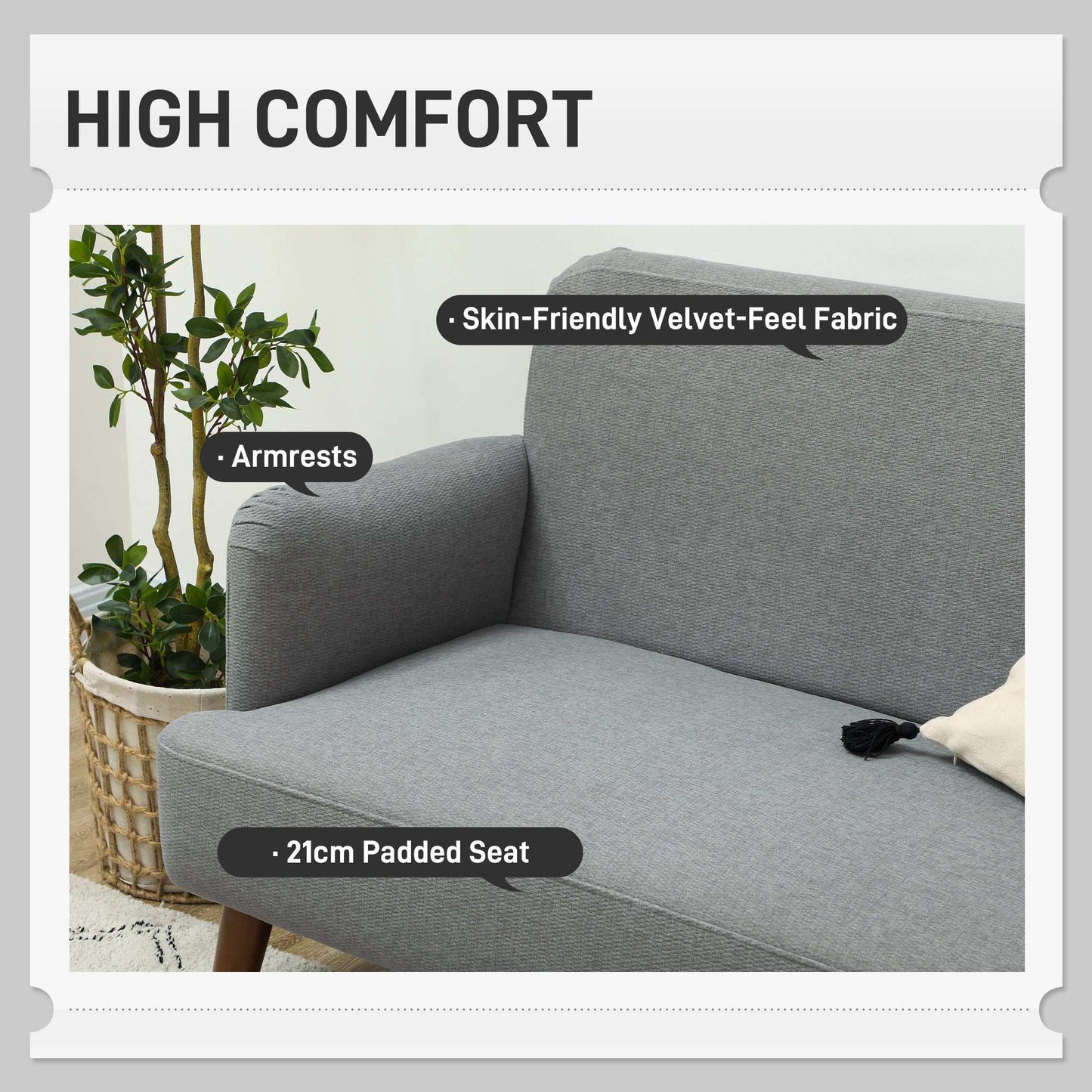 Retro Vintage Style Velvet Feel Fabric 2 Seater Sofa, Small Sofa Loveseat with 21cm Thick Padding and Wood Legs, Grey