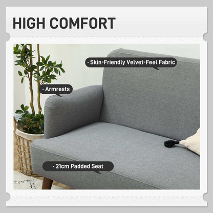 Retro Vintage Style Velvet Feel Fabric 2 Seater Sofa, Small Sofa Loveseat with 21cm Thick Padding and Wood Legs, Grey