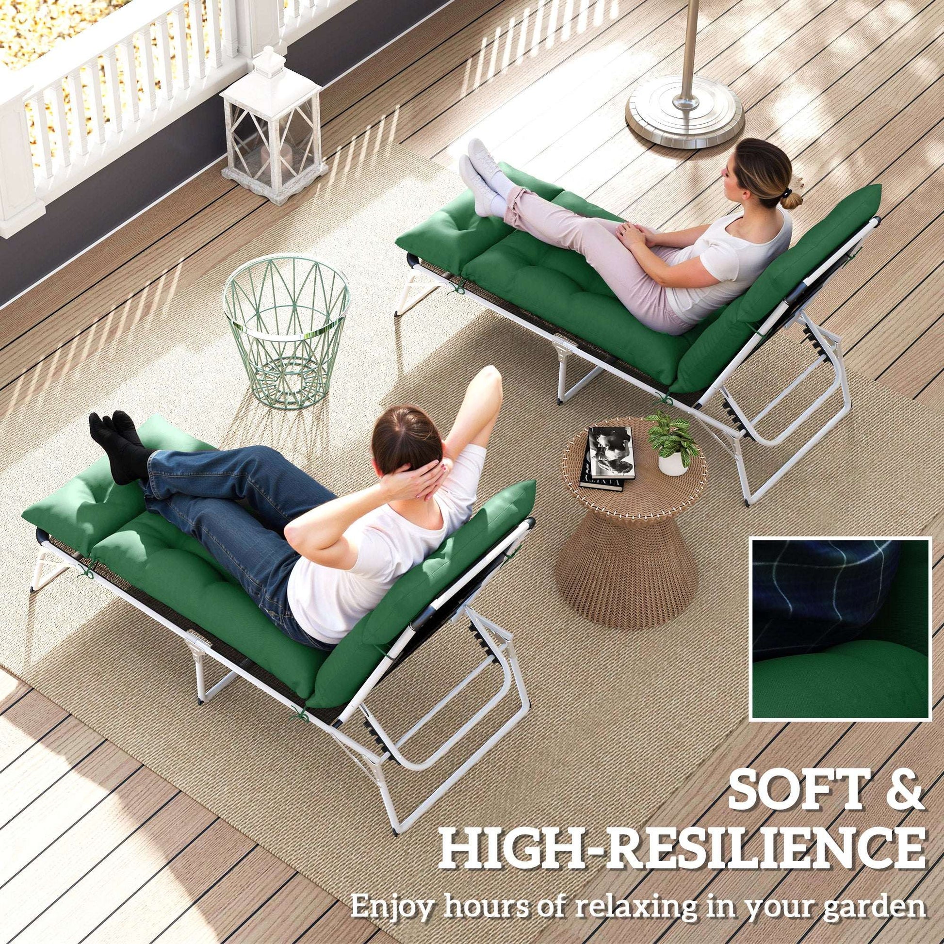 Set of 2 Sun Lounger Cushions | 190x56x10cm | High-Resilience PP Foam | UPF20+ | Fade & Splash Resistant | 220gsm Polyester | 6 Tie Fastenings | Green