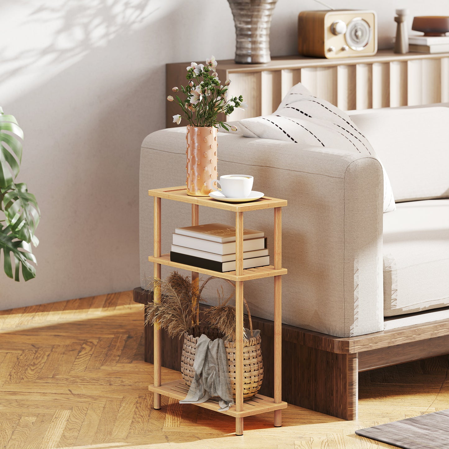 Bamboo Side Table, 3-Tier Slim End Table, Nordic Style, for Living Room, Bedroom, Office, Tool-Free Assembly, Natural Wood Finish