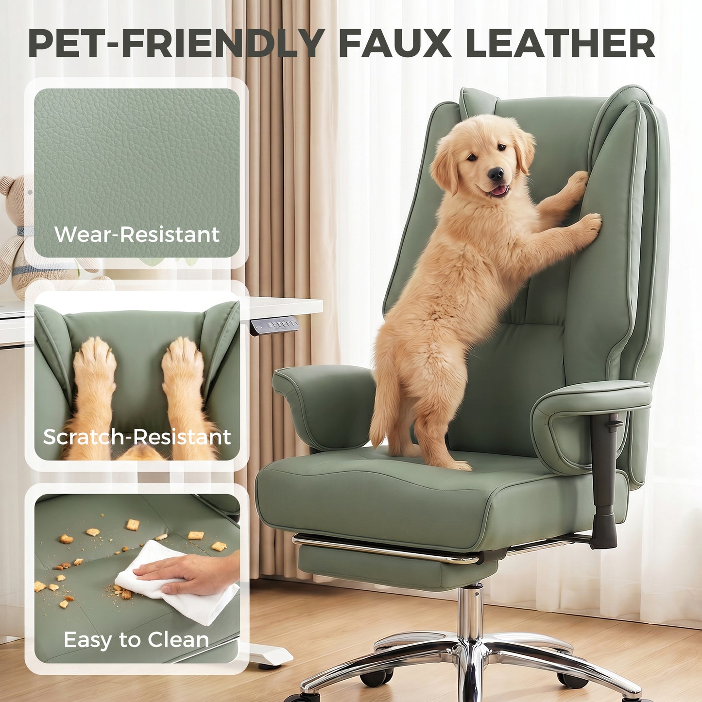 Reclining Executive Office Chair | 155° Recline | Retractable Footrest | Pocket Spring Seat | Pet-Friendly Faux Leather | Green | 120kg