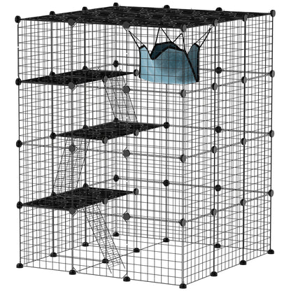 PawHut Steel Wire Cat Cage Indoor with Hammock, Ramps, Doors, DIY Cat Enclosure for 1-3 Cats, Black