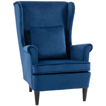 Velvet Wingback Accent Chair | 70cm High Back | Removable Washable Pillow Cover | Thick Sponge Seat | Solid Wood Legs | Non-Slip Pads | 120kg Capacity | 75x83x104cm | Blue