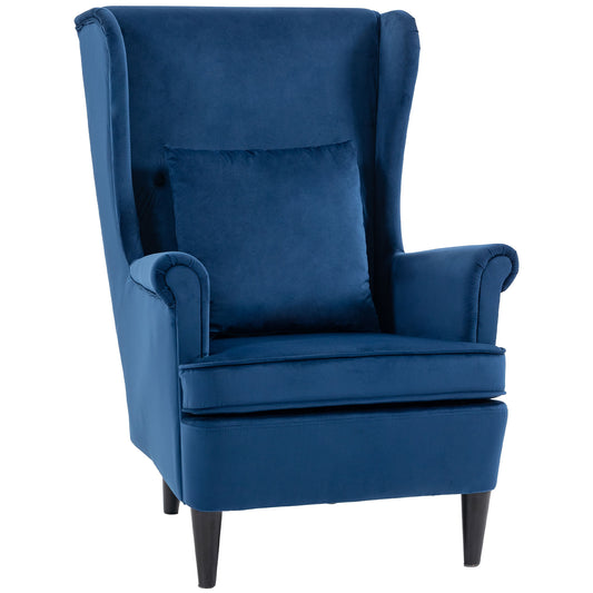 Velvet Wingback Accent Chair | 70cm High Back | Removable Washable Pillow Cover | Thick Sponge Seat | Solid Wood Legs | Non-Slip Pads | 120kg Capacity | 75x83x104cm | Blue