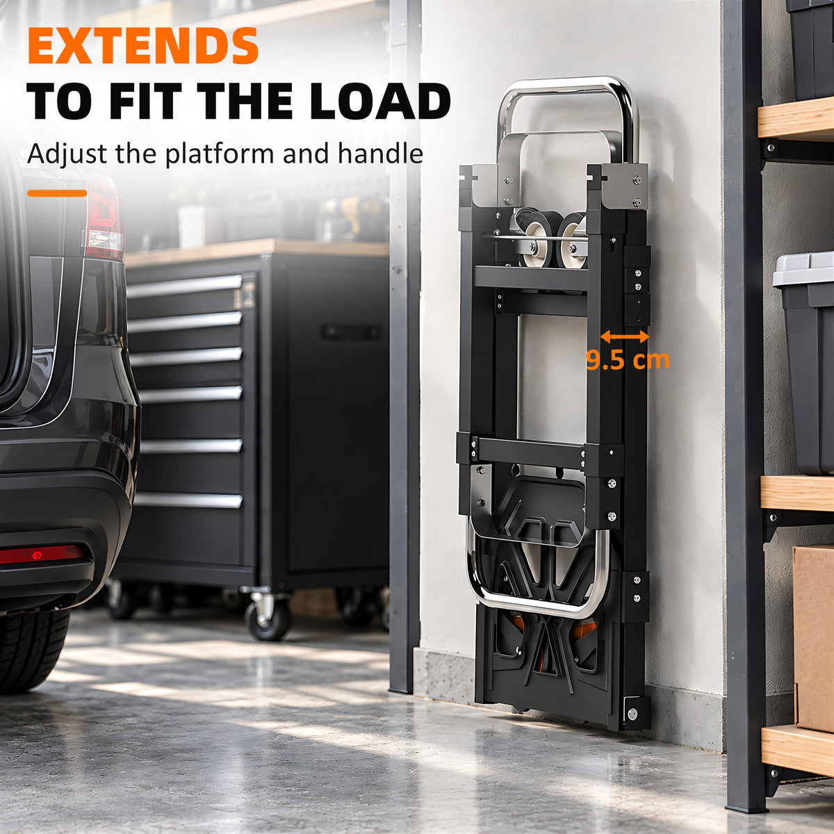 2-in-1 Folding Sack Truck & Platform Trolley | 220kg Flatbed / 120kg Upright | Extendable Frame & Telescopic Handle | Black & Orange