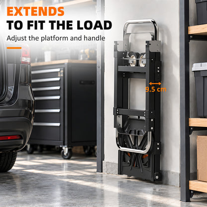 2-in-1 Folding Sack Truck & Platform Trolley | 220kg Flatbed / 120kg Upright | Extendable Frame & Telescopic Handle | Black & Orange