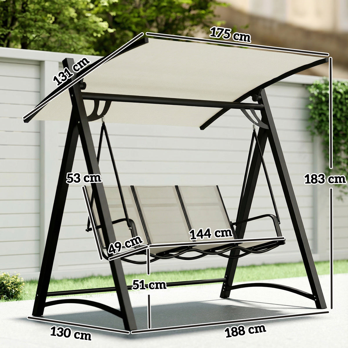 3-Seater Garden Swing Chair | UPF50+ Tilting Canopy | Breathable Texteline Seat | Powder-Coated Frame | 360kg Capacity | 188x130x183cm | Cream