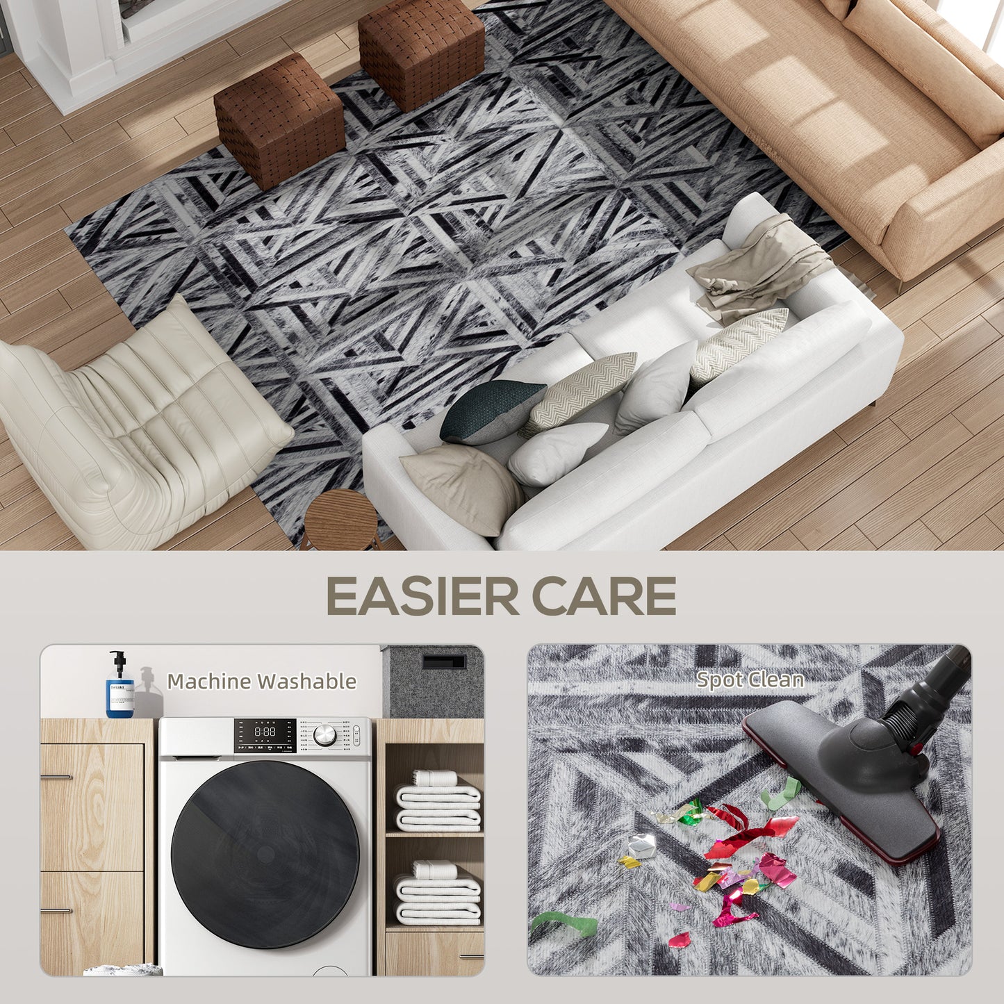 Modern Chenille Area Rug | Faux Leather Patchwork Print | Machine Washable | Non-Slip | Foldable | 290x200cm | Black | Living Room Bedroom Dining Room Home Office