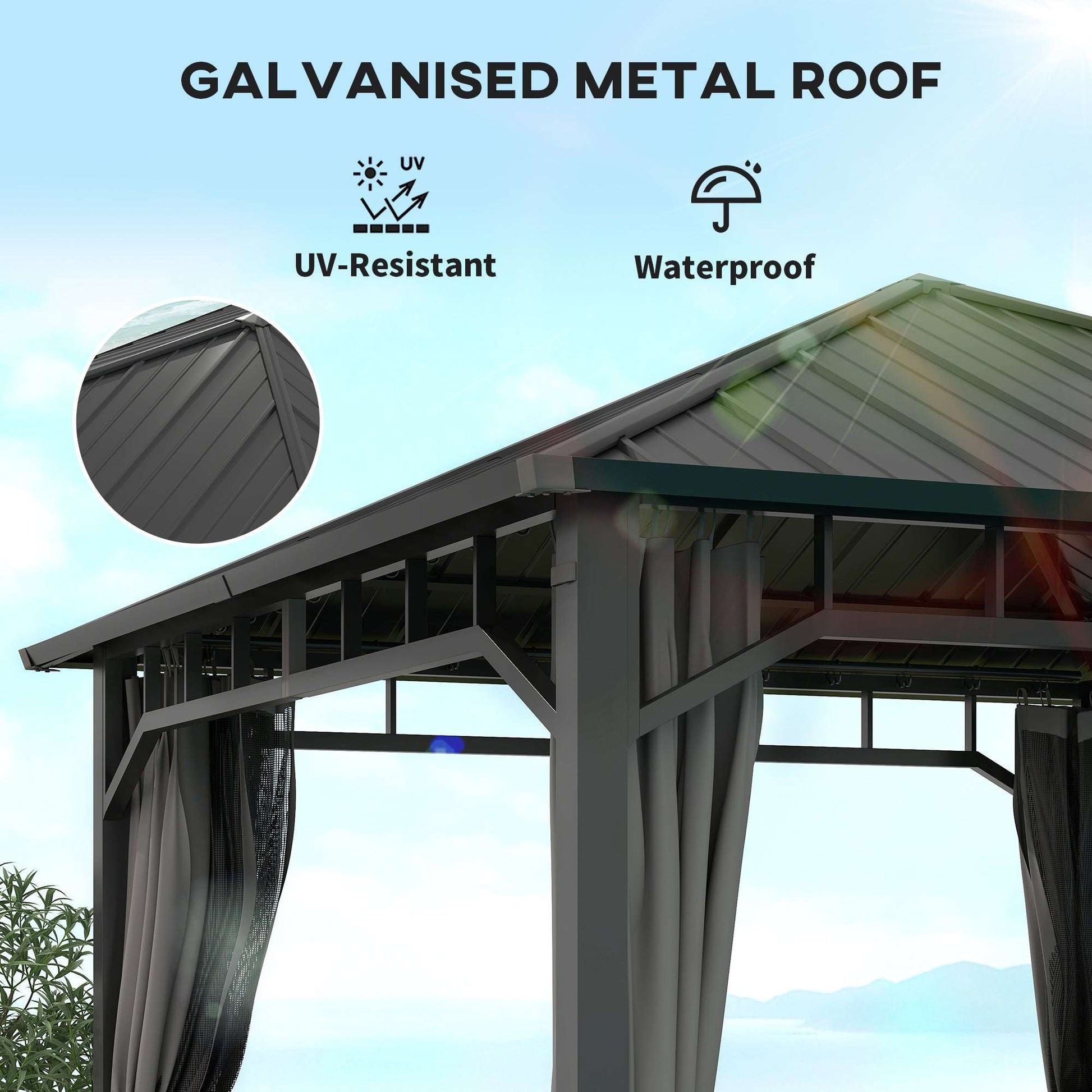3 x 3(m) Hardtop Gazebo with Galvanised Steel Roof and Water Gutter, Waterproof Permanent Pavilion Garden Gazebo with Netting, Curtains