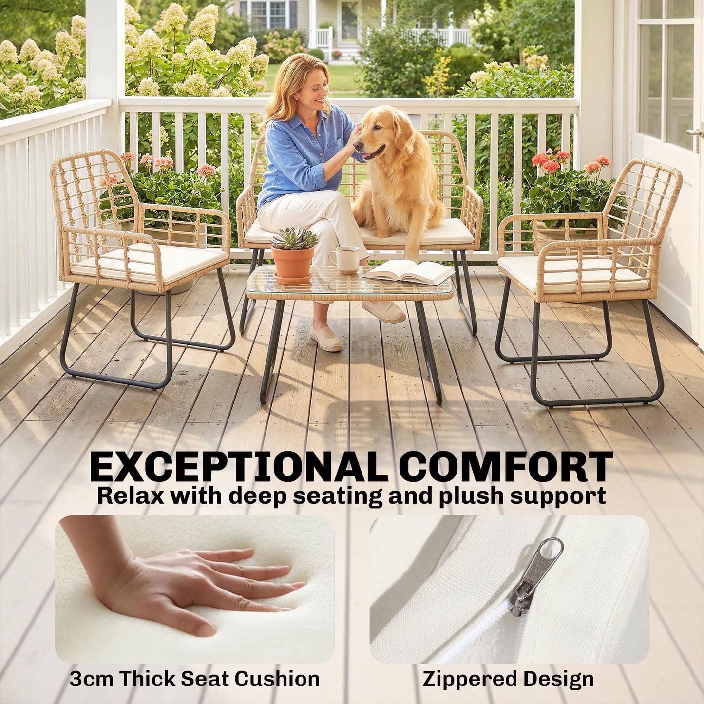 4 Piece Rattan Garden Furniture Set | Loveseat | 2 Armchairs | Coffee Table | Tempered Glass Top | PE Rattan & Metal Frame | High-Density Cushions | Washable Covers | Natural Wood