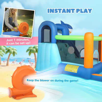 AIYAPLAY Inflatable Bouncy Castle for Kids, Sharks Theme Jumping Bounce House with Slide, Climbing Wall for Indoor Outdoor