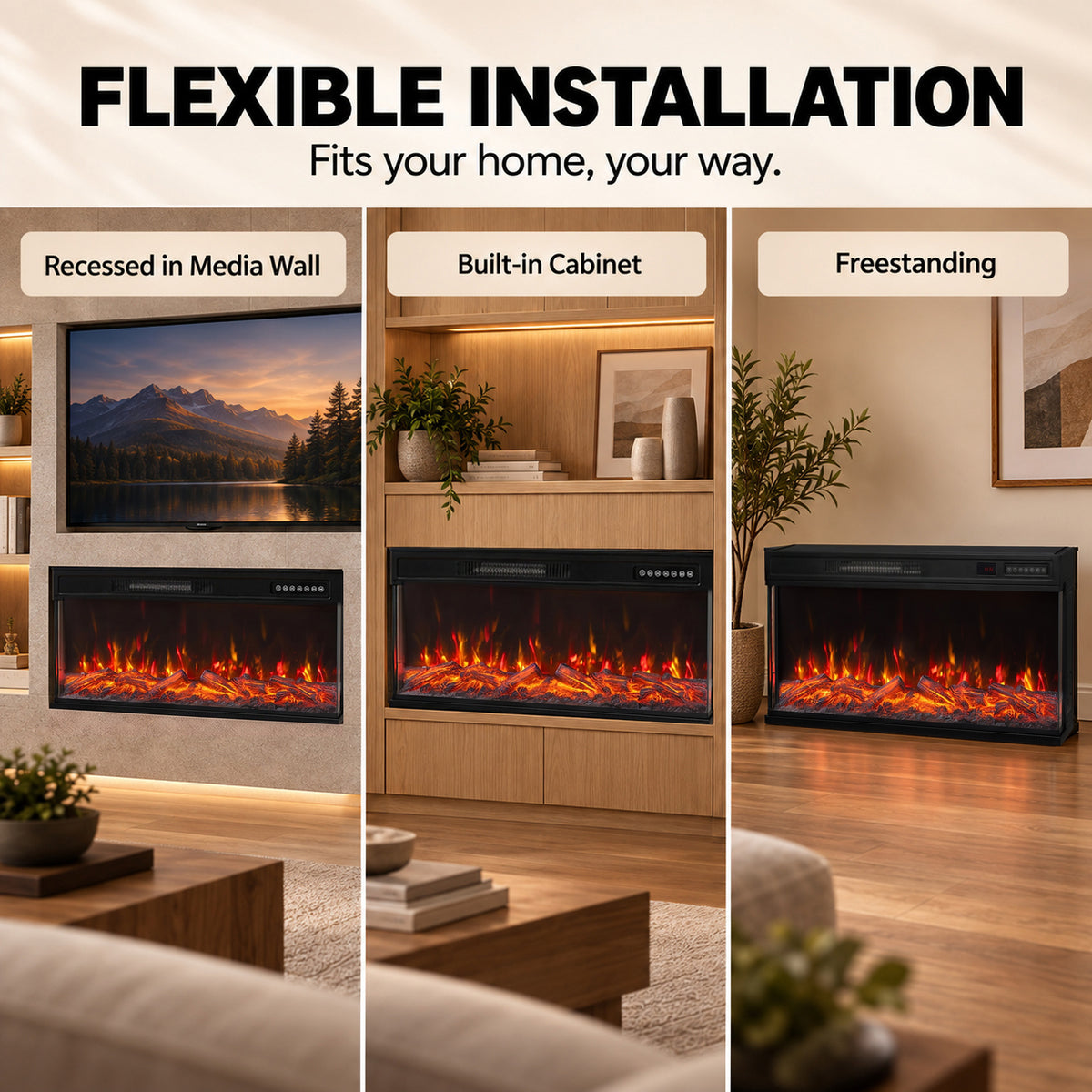 102cm Three-Sided Electric Fireplace Insert | Recessed, Cabinet-Fitted or Freestanding | 900/1800W, 12 Colours, Remote & Weekly Timer | Black