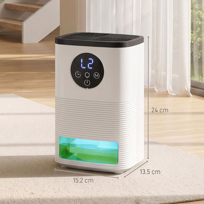300ml/Day Small Dehumidifier | 1.4L Tank (133hrs) | 7-Colour RGB Mood Light | 43dB Sleep Mode | 4–24H Timer | LED Touch Panel | Auto Shut-Off & Defrost | 15m² | ABS | 15.2x13.5x24cm | White
