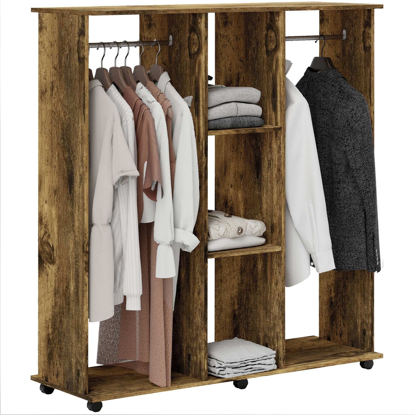 Open Wardrobe Double Mobile Storage Shelves Organiser W/6 Wheels-Rustic Brown