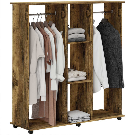 Open Wardrobe Double Mobile Storage Shelves Organiser W/6 Wheels-Rustic Brown