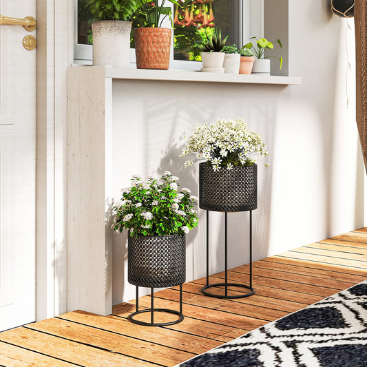 Set of 2 Powder-Coated Metal Plant Pots | Hollow Woven Design | Stackable | 10kg Large Ø23x50cm | 8kg Small Ø20x30cm | Patio Balcony & Indoor | Black