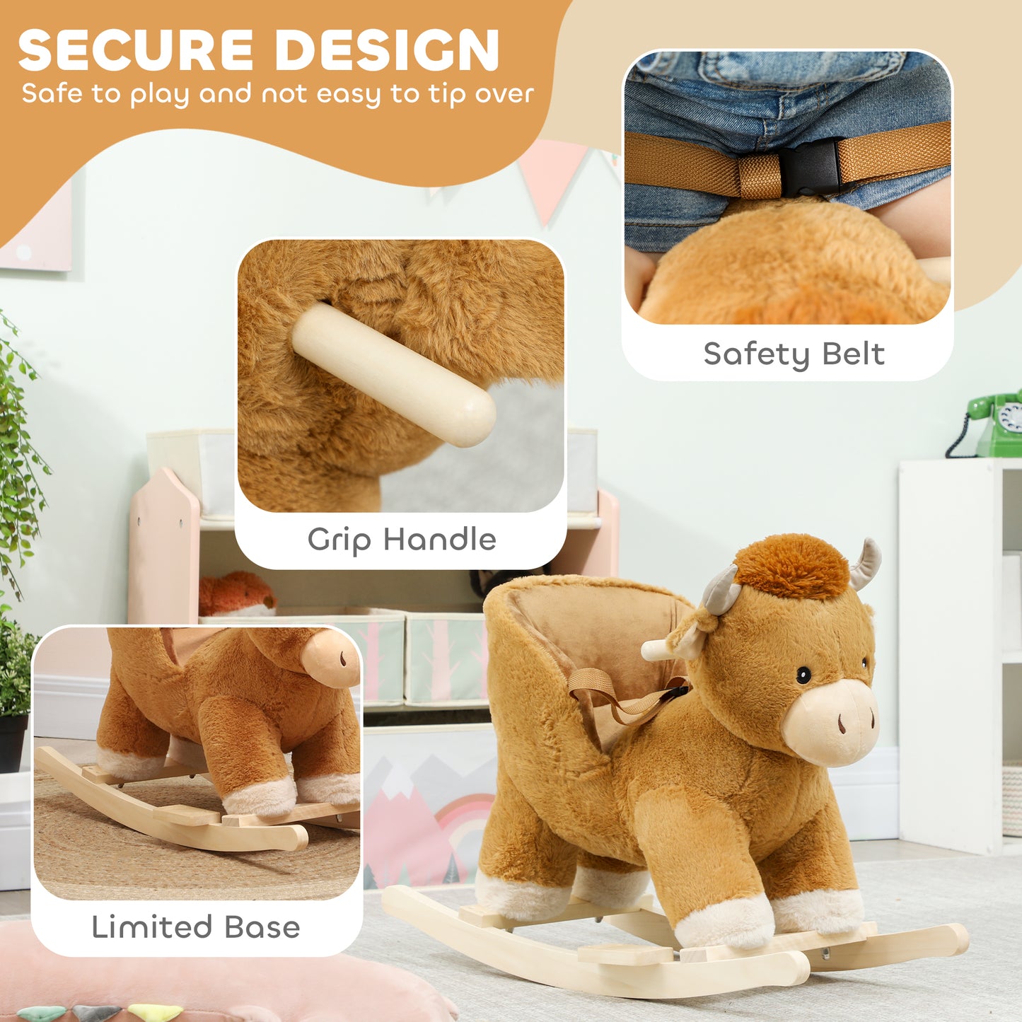 AIYAPLAY Baby Rocking Horse with Safety Belt, Wood Base, Animal Rocker for Children, Brown