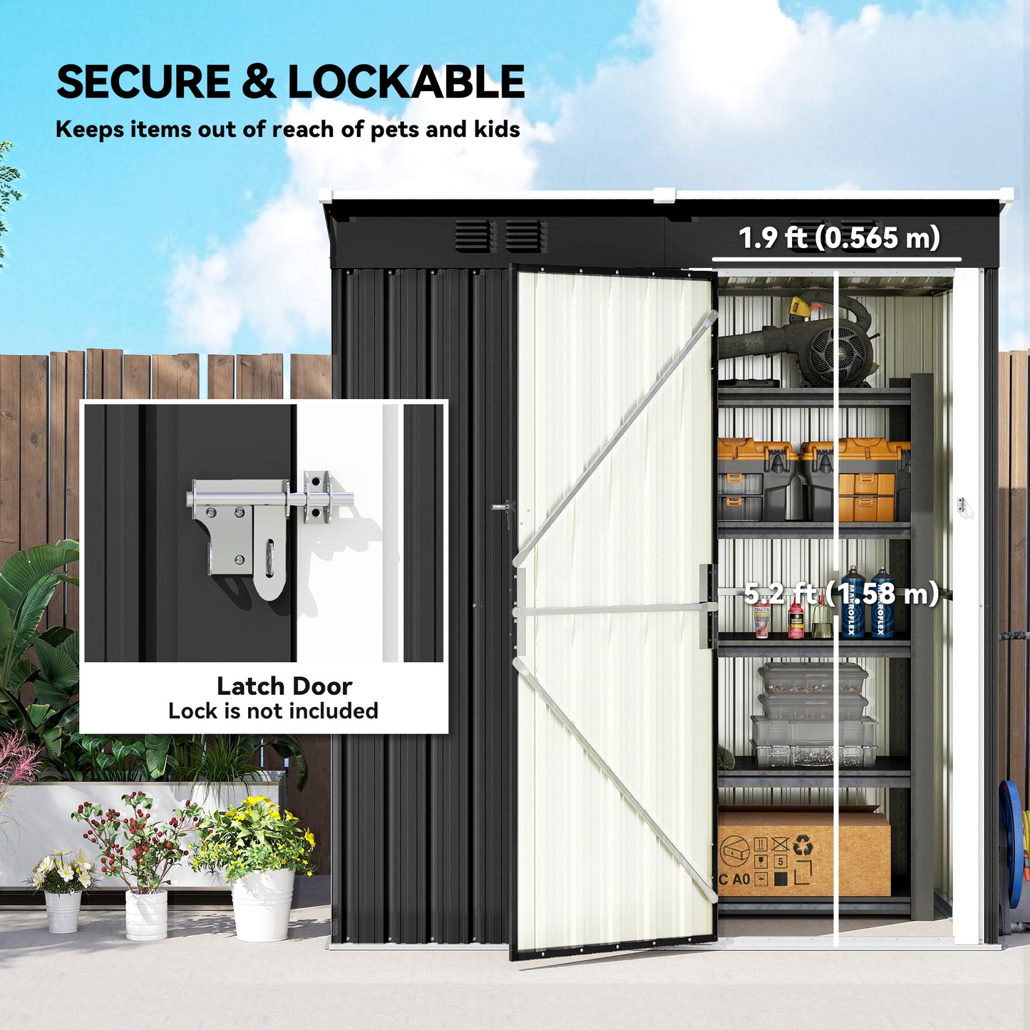 Compact Lean-To Galvanised Steel Garden Storage Shed | Lockable Door | Vent System | Sloped Roof | 20kg/㎡ Snow Load | 163x90x179cm | Patio & Flagstone | Dark Grey & White
