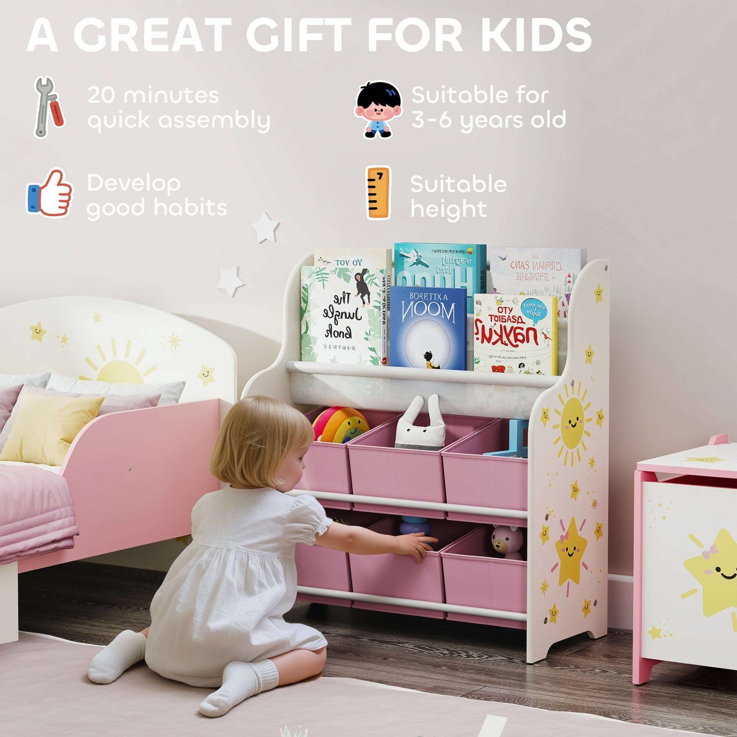 AIYAPLAY Kids Storage Unit, Toy Organiser with 6 Fabric Drawers and 2-Tier Sling Book Rack for Bedroom, Playroom, Nursery, Pink