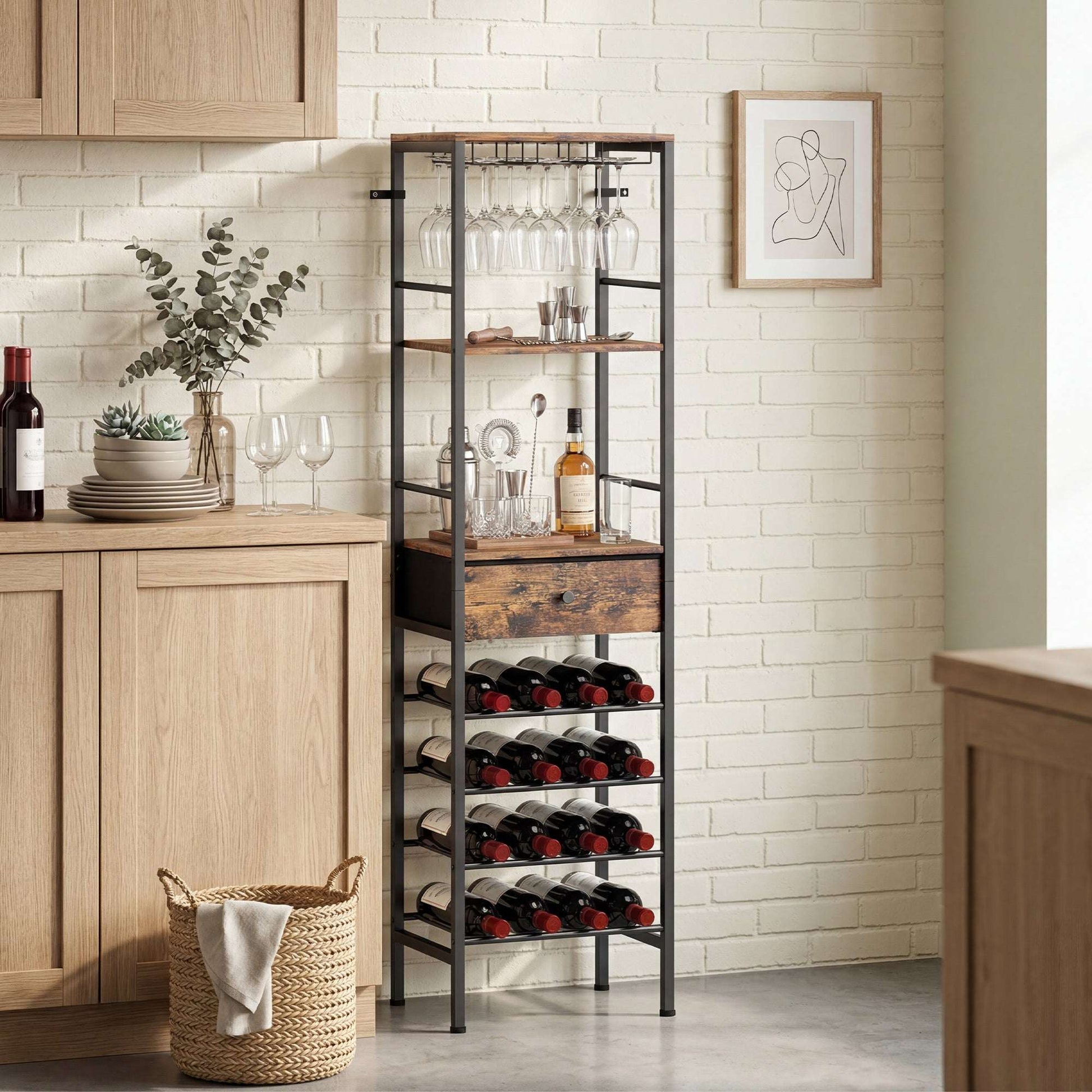 Industrial Wine Bar Cabinet | 16 Bottle Rack | 12 Glass Holder | Freestanding | 40x29x148.5cm | Rustic Brown