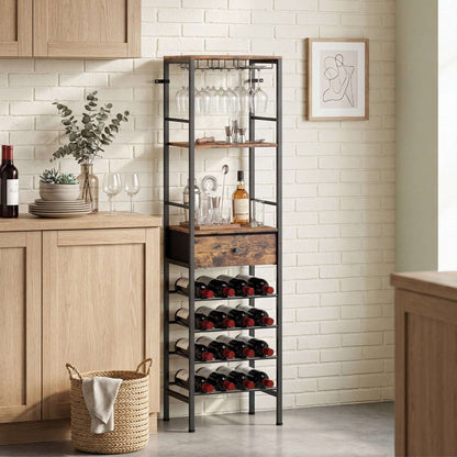 Industrial Wine Bar Cabinet | 16 Bottle Rack | 12 Glass Holder | Freestanding | 40x29x148.5cm | Rustic Brown