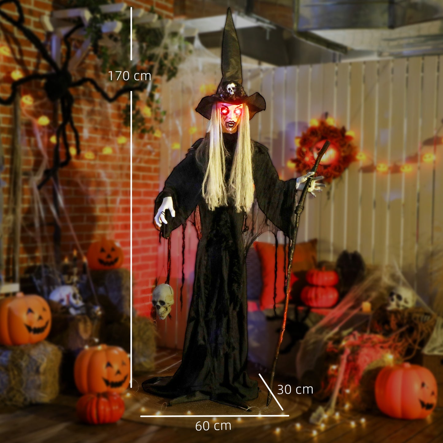 170 cm Life Size Halloween Animated Standing Witch & Staff with Glowing LED Eyes, Spooky Witch Scary Halloween Decorations, Battery Operated, Indoor Party Props