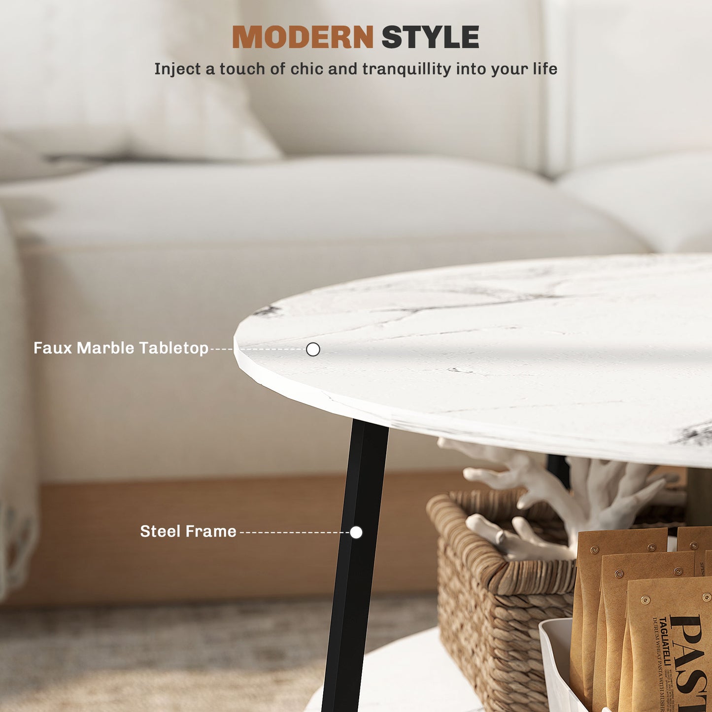 2-Tier Round Coffee Table with Storage Shelf, Living Room Table with Marble Effect Top and Steel Frame, White