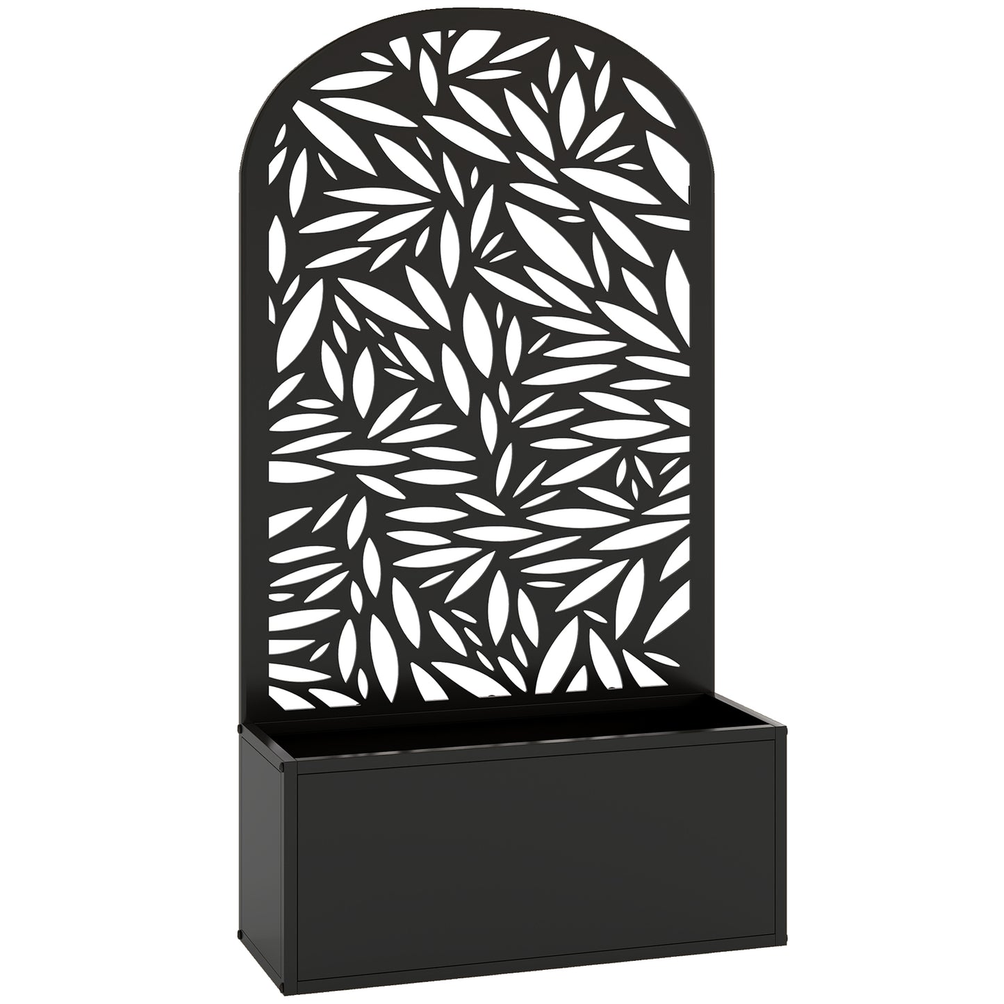 Metal Raised Planter with Curved Leaf Trellis & Privacy Screen | Wall Mounted or Freestanding | 29L Soil | 50kg | Powder-Coated | 61x23x113cm | Climbing Plants | Black