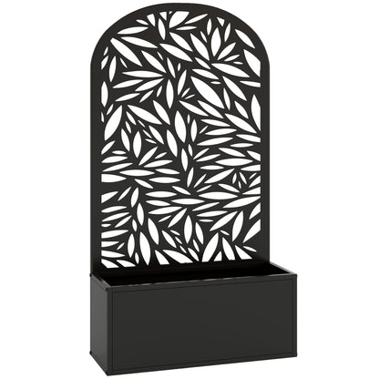 Metal Raised Planter with Curved Leaf Trellis & Privacy Screen | Wall Mounted or Freestanding | 29L Soil | 50kg | Powder-Coated | 61x23x113cm | Climbing Plants | Black