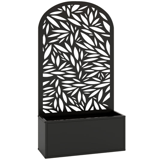 Metal Raised Planter with Curved Leaf Trellis & Privacy Screen | Wall Mounted or Freestanding | 29L Soil | 50kg | Powder-Coated | 61x23x113cm | Climbing Plants | Black