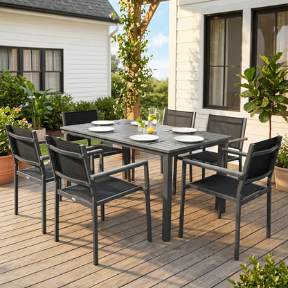 7-Piece Garden Dining Set | Slatted Acacia Wood Table | 6 Stackable Texteline Chairs | Wide Armrests | Powder-Coated Steel | Adjustable Foot Pads | 160kg Chair Capacity | 150x90x75cm | Grey