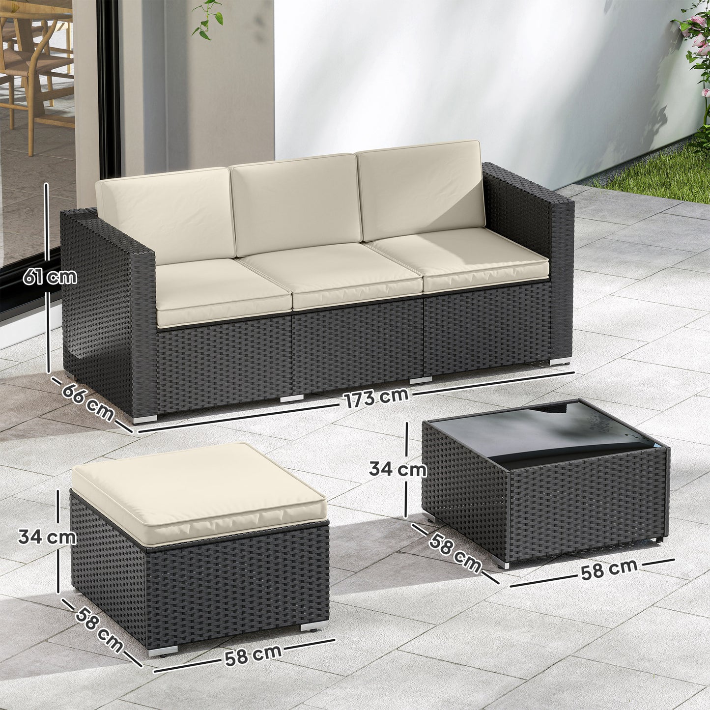 3-Piece Rattan Garden Sofa Set | 3-Seat Sofa | Ottoman | Tempered Glass Table | Zip Cushions | 360kg | Black