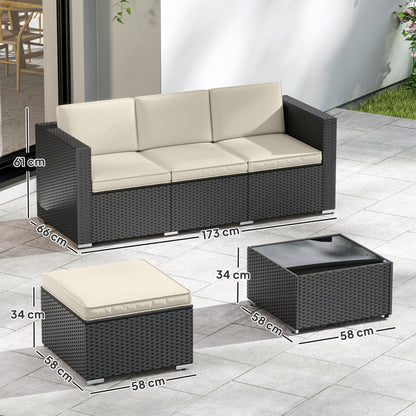 3-Piece Rattan Garden Sofa Set | 3-Seat Sofa | Ottoman | Tempered Glass Table | Zip Cushions | 360kg | Black