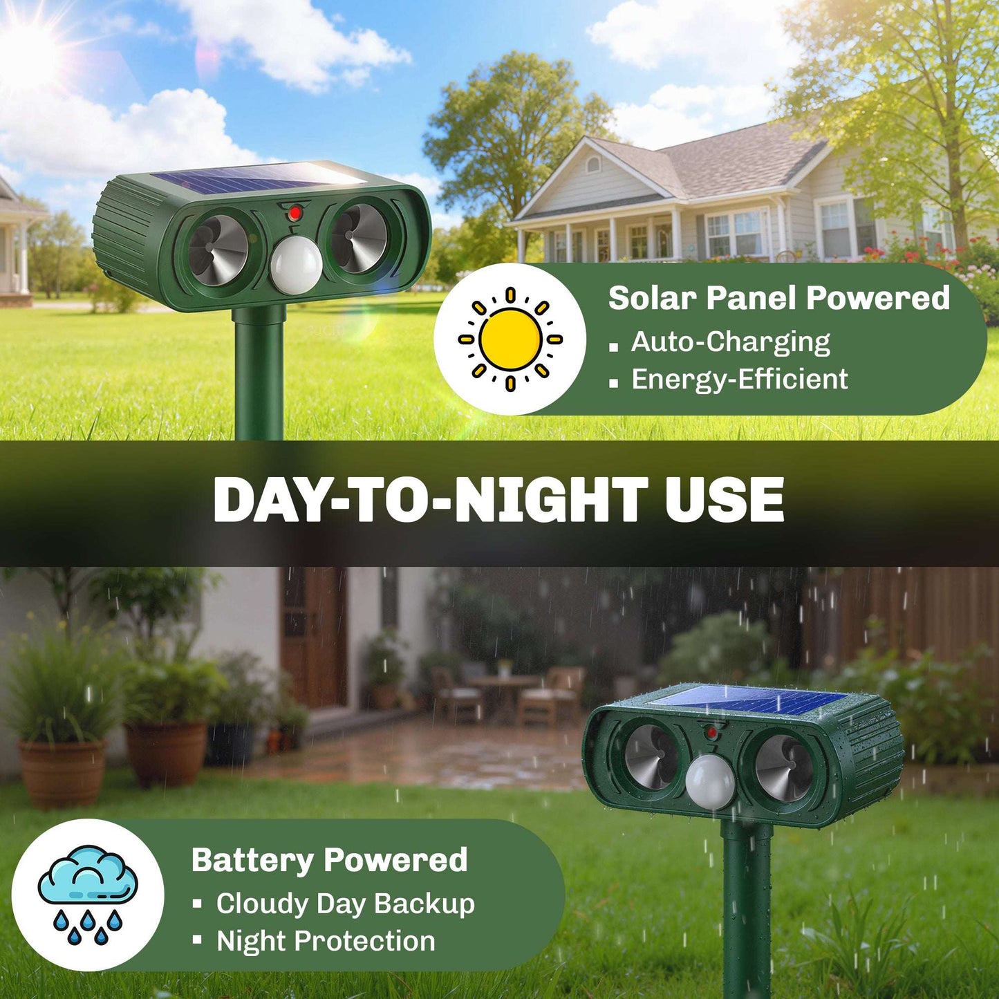 Solar Ultrasonic Animal Repeller | 110° PIR Motion Sensor | 6-8m Range | LED Flash | Ground Stake | IPX4 Weatherproof | Humane Cat Dog Rat Deterrent | 14x9.2x37cm | Green