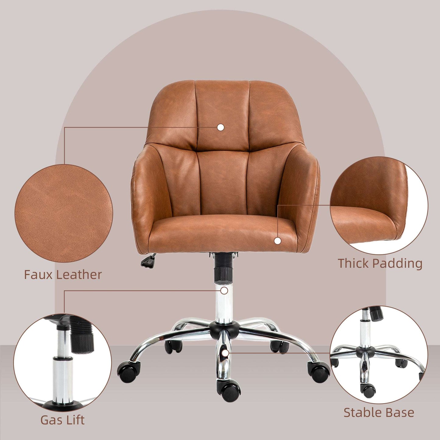 Computer Desk Chair, PU Leather Swivel Office Chair, Makeup Vanity Chair with Height Adjustable, Wheels, for Home -  Brown