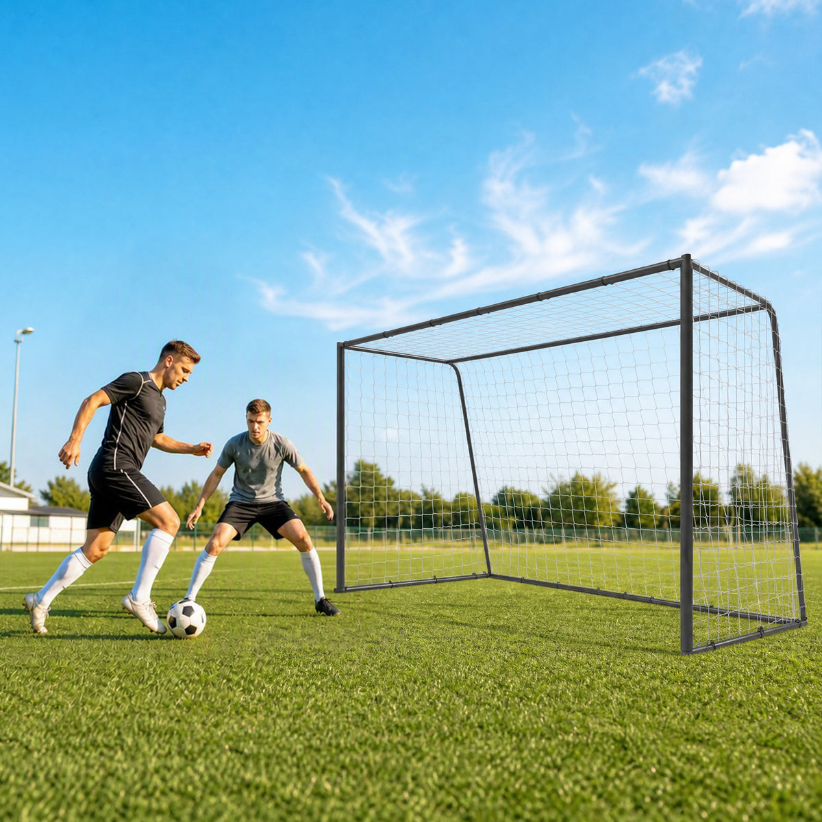 10 x 6.5ft Football Goal | 300x152x200cm | 32mm Painted Metal Frame | Polyester Net 300x280cm | 10x10cm Mesh | 36 Bungee Cords | 4 U-Stakes | Outdoor Garden | Age 5+ | Black