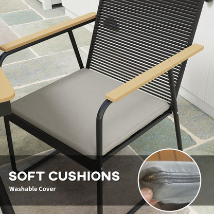 6 Seater Garden Dining Table Set with Soft Cushions, Rattan Backrest, Rectangular Plastic Top, Garden Furniture Set, Outdoor W/ Chairs