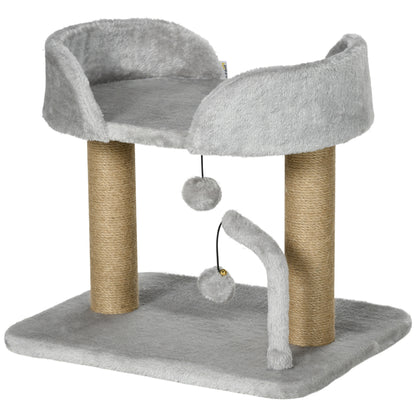 PawHut Designer Cat Tree Scratching Post | Light Grey | 48x38x42cm | 2 Jute Posts | 2 Hanging Pom-Pom Toys | 220g/m² Plush | Observation Platform | E1 Particleboard | Cats Under 5kg