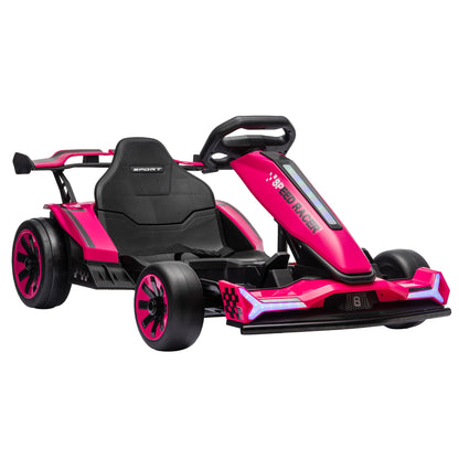 24V Electric Go Kart for Kids | Drift Mode In-Place Spin | 3 Speeds 8–12km/h | Slow Start Forward & Reverse | Adjustable Seat | Multicolour Lights Music Horn USB | 2-Point Belt | 50kg | 131.5x76.5x53.5cm | Ages 6–12 | Orange Blue Pink Black