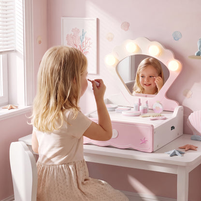 Kids Vanity Table | Girls Dressing Table | 4 Lights | Mirror | Drawer | 8 Accessories | Ages 3–6 | 31x27x33.2cm | Pink