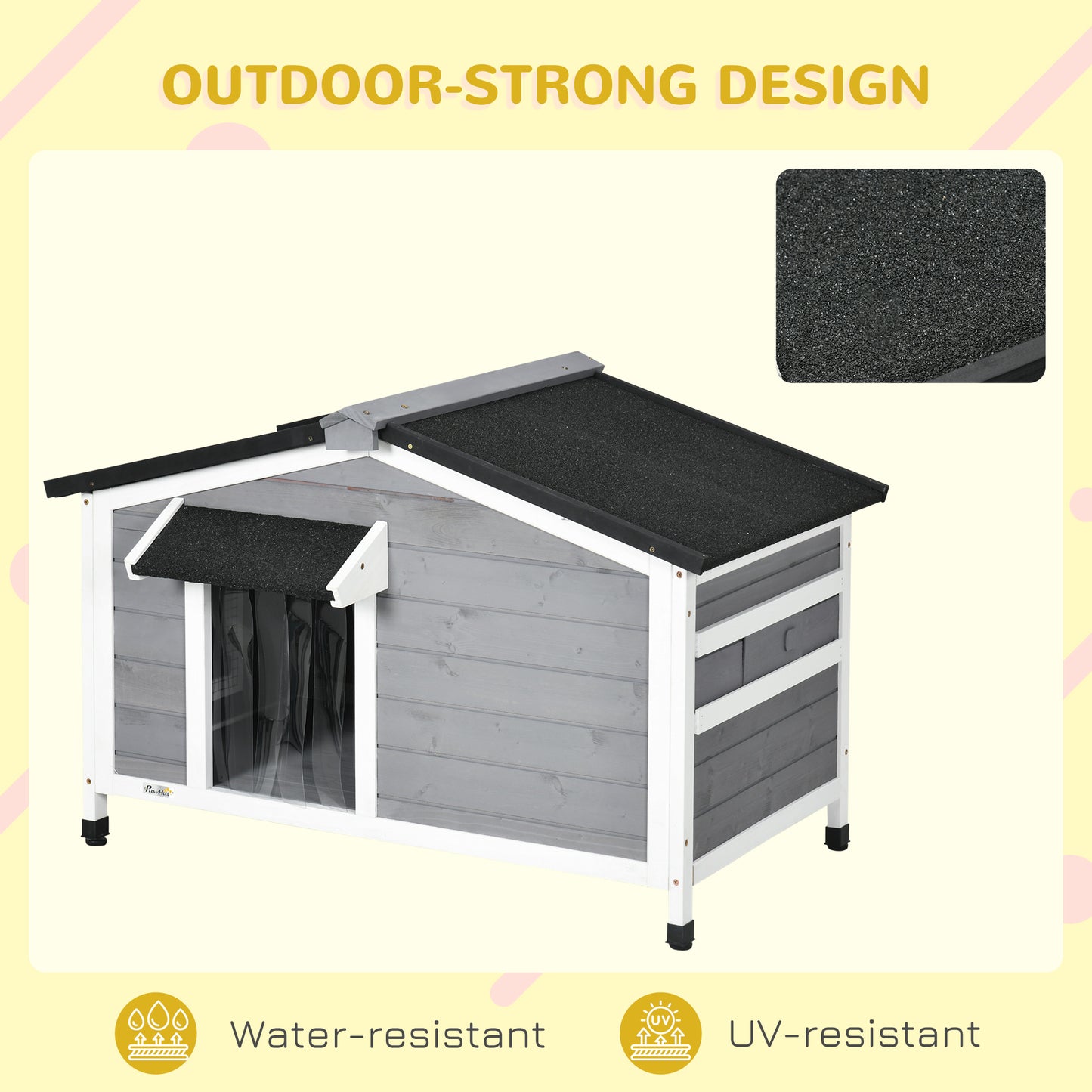 Wooden Dog Kennel | Asphalt Roof | Openable Top | Door Curtain | 2 Windows | Raised Base | Removable Tray | Small Dogs up to 15kg | 97 x 72 x 65cm | Grey