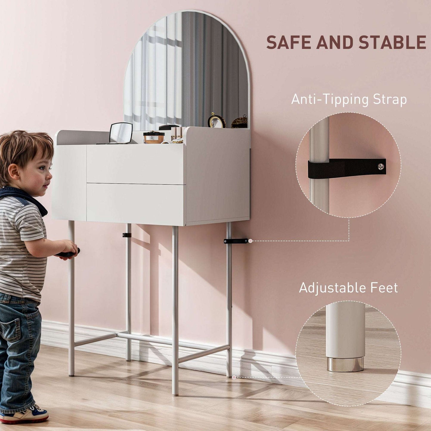 Dressing Table with Arched Mirror and 3 Drawers - White