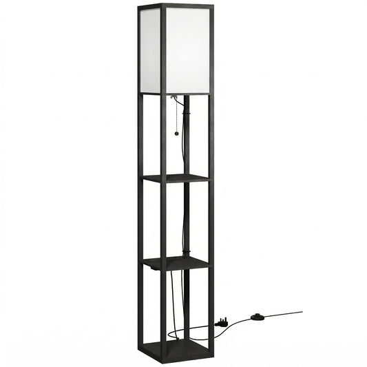 Floor Lamp with 3 Shelves | Column Design | MDF | E27 LED Included | Foot Switch | 160cm | 2.5kg per Tier | Black
