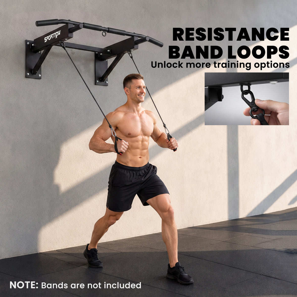 Wall Mounted Pull Up Bar | Foldable Chin Up Bar | 3 Resistance Band Hooks | 120kg Capacity | Home Gym | Black