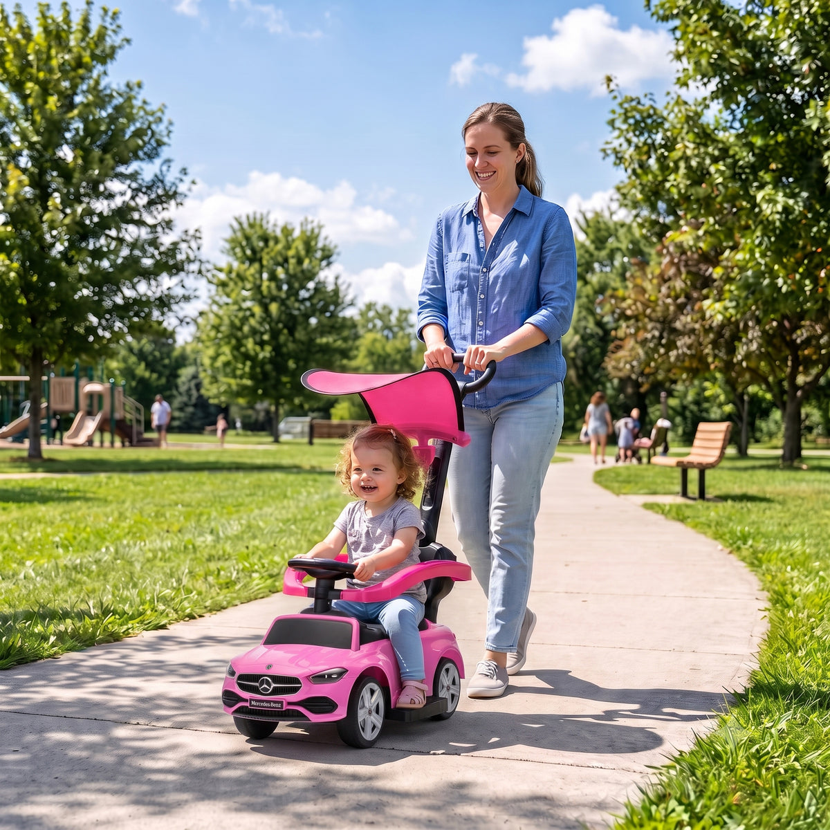 Mercedes Licensed 3-in-1 Kids Ride-On Push Car | Canopy | Guardrails | Steering Wheel Horn & Music | Under-Seat Storage | PP & Steel | 25kg | Ages 12-36 Months | 83x40x90cm | Pink / White / Black