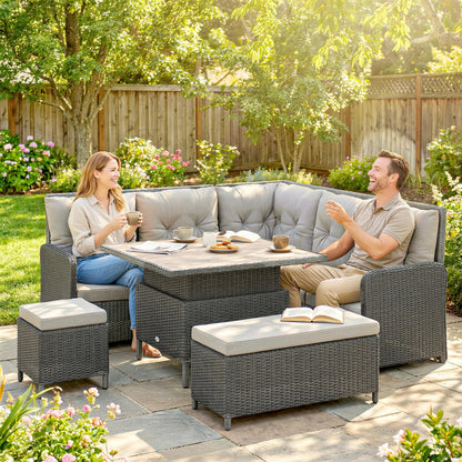 6-Piece PE Rattan Corner Garden Sofa Set | 2 Loveseats | Corner Sofa | 2 Footstools | Liftable Coffee Table | Washable Cushions | 120kg | Cream