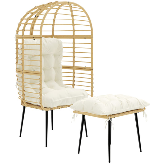 Rattan Egg Chair & Footstool Set | 11cm Tufted Cushions | UV & Weather Resistant | Steel Frame | 120kg | Indoor & Outdoor | Beige