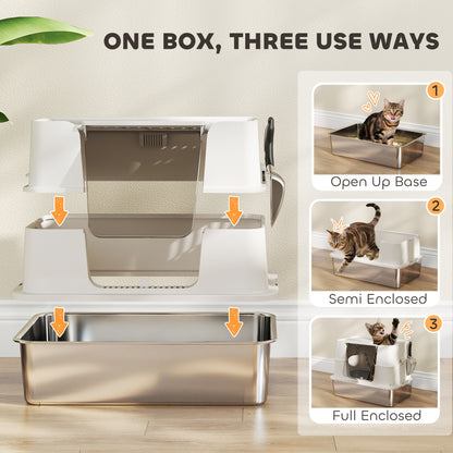 PawHut XL Stainless Steel Litter Box w/ 100° Flip Top, Scoop, Side Top Dual Entry, Odor Free, Easy Cleaning, Anti Leakage