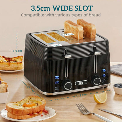 4-Slice Toaster | Dual Independent Controls | 7 Browning Settings | Defrost Reheat Cancel | Auto-Centering Guides | 2 Removable Crumb Trays | 1560-1860W | 29.3x27.3x18.9cm | Black